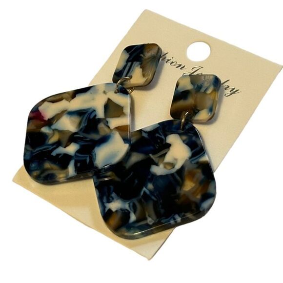 Earrings SHELLY - SQUIRCLE SHAPED ACRYLIC - MARBLED BLUES - POSTS - Picture 2 of 3